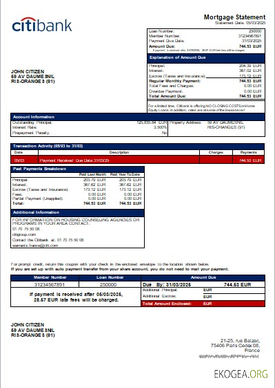 Relevé hypothécaire de la banque France Citibank scr